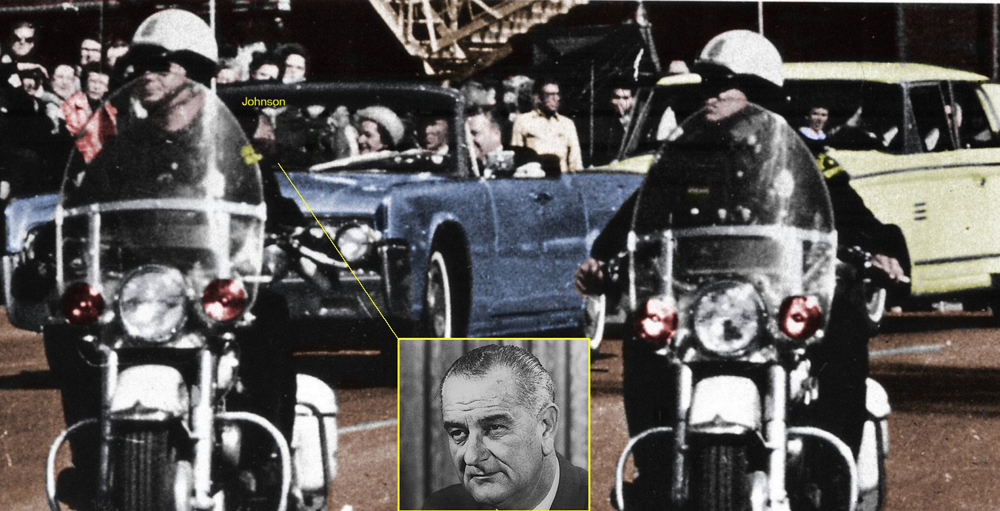 LBJ's blue Lincoln continental and yello Secret service follow car